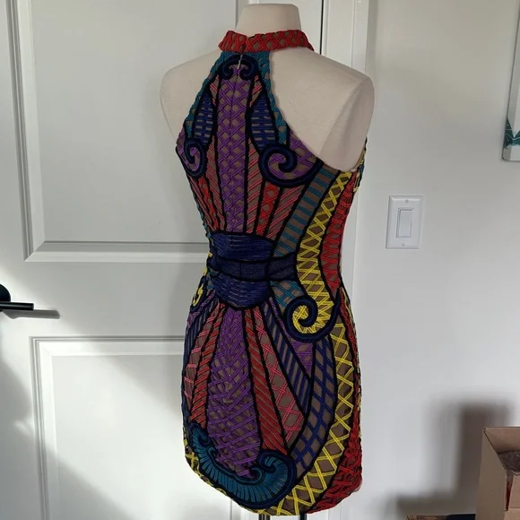 JOVANI sz 8 Vibrant Lace Geometric Overlay Illusion Mini Halter neck Dress - Picture 5 of 7